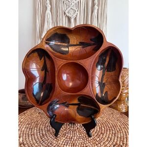 Vintage Hand-carved Wood Bowl with Five Sections Tiki (4066)